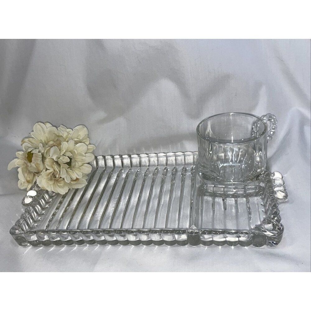 Hazel Atlas Ball & Rib  Glass Sip n Smoke Luncheon Snack Cup & Tray Set